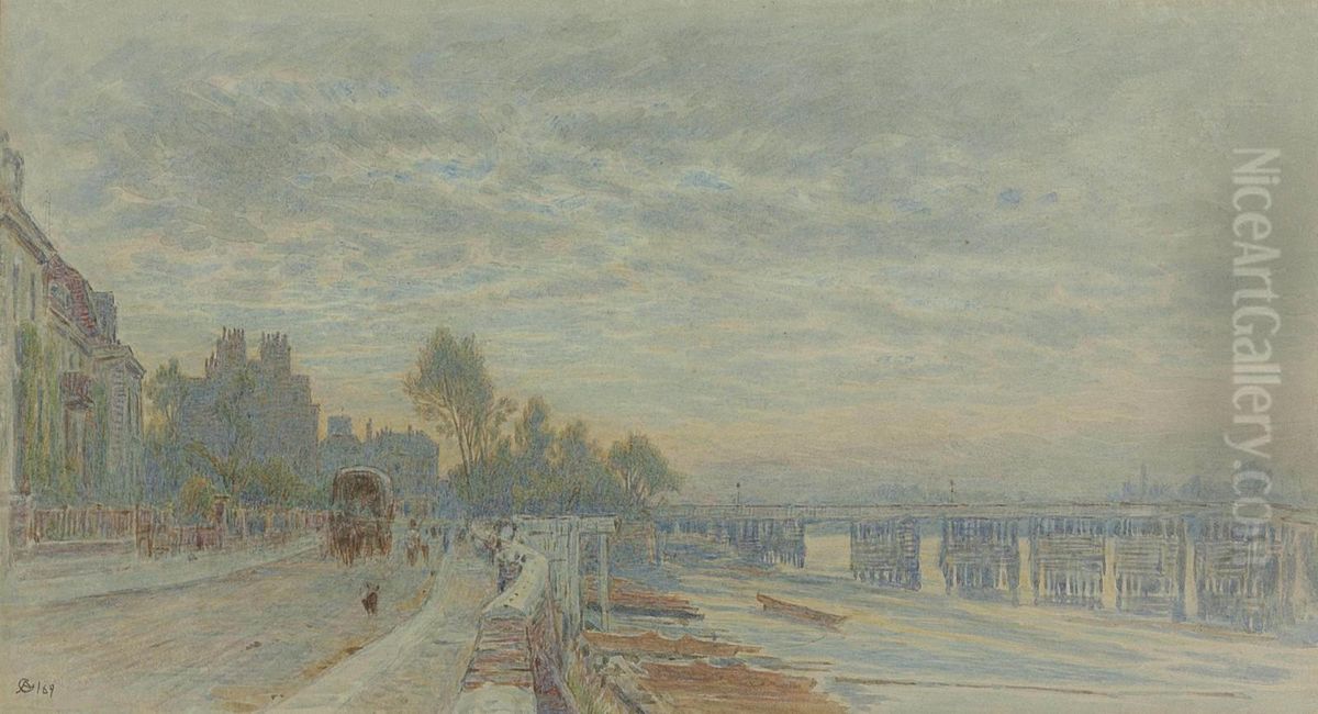 A Carriage On Lindsay Row Beside The River Thames, Battersea Bridge Beyond Oil Painting by Albert Goodwin