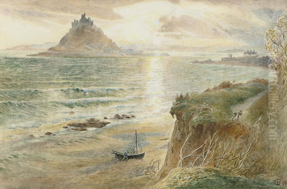 Fishermen Hauling A Boat Up On The Beach Before St Michael's Mount Oil Painting by Harry Goodwin