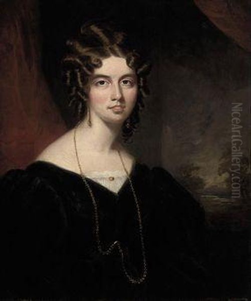 Portrait Of Amelia Frances Pellat, Seated Half-length, In A BlackDress And Gold Chain, A Landscape Beyond Oil Painting by Sir John Watson Gordon