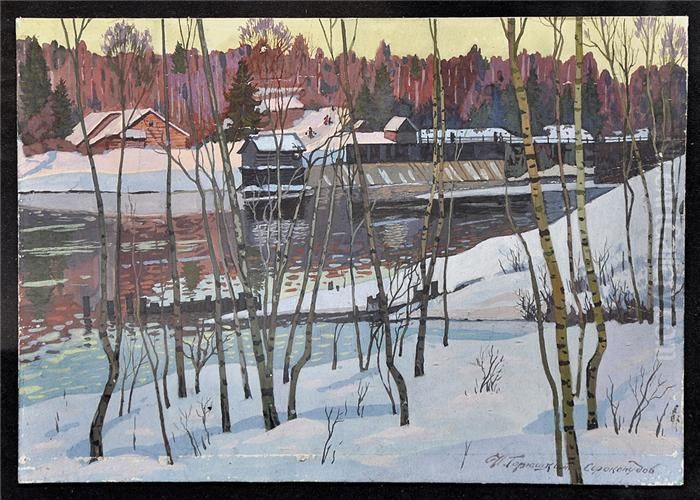 Russisches Dorf An Einem Flusslauf In Der Dammerung Oil Painting by Ivan Silych Goriushkin-Sorokopudov