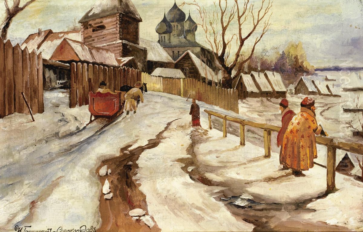 Winter Scene, Russian Village Oil Painting by Ivan Silych Goriushkin-Sorokopudov
