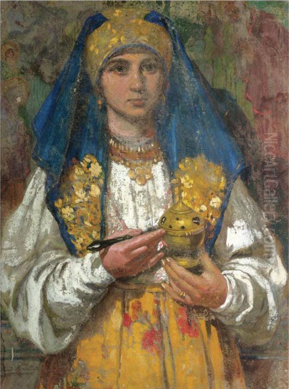 Portrait Of A Lady In Church Oil Painting by Ivan Silych Goriushkin-Sorokopudov
