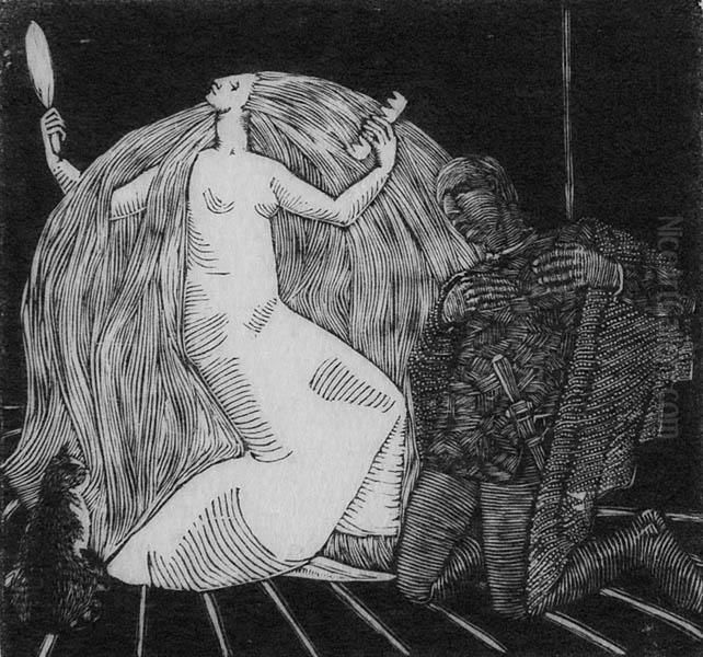 Czarownica Z Rycerzem, Ok.1929 Oil Painting by Wiktoria Gorynska