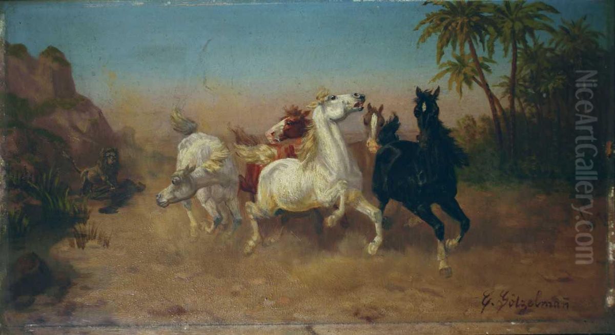 Fliehende Wildpferde. Oil Painting by Eduard Gotzelmann