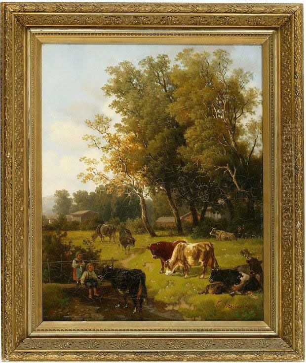 Landscape With Cows And Children Oil Painting by Eduard Gotzelmann