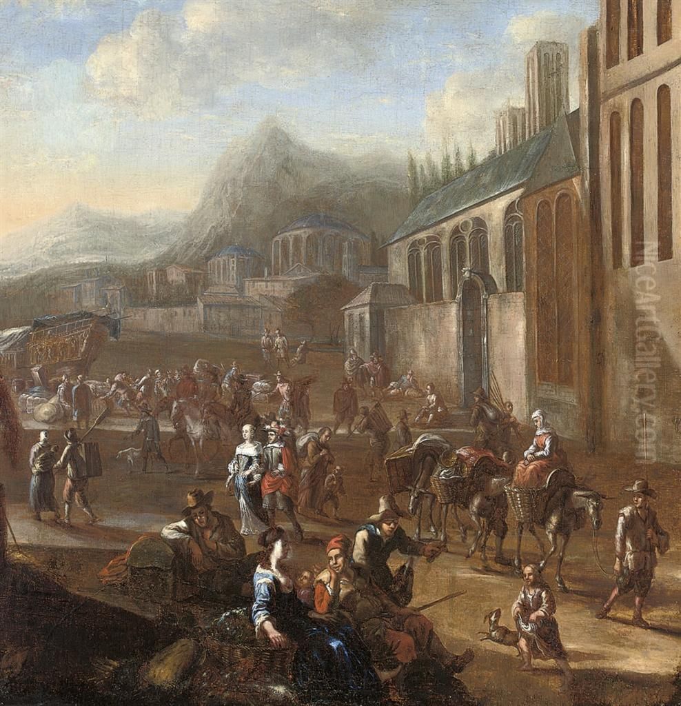 A Harbour Scene With Figures By A Church, Mountains Beyond Oil Painting by Anton Goubau