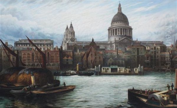 St Pauls From The Thames Oil Painting by J. Gough