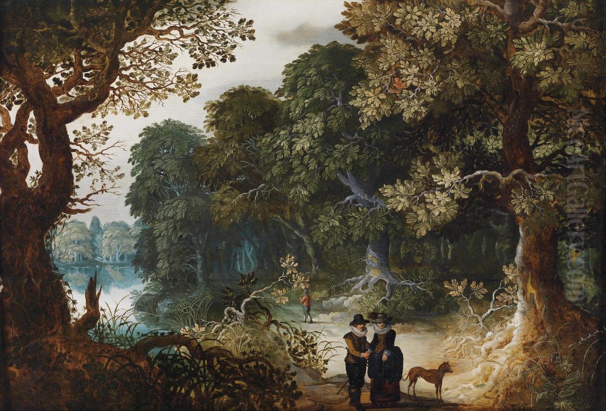 An Elegant Couple Strolling In Aforest Oil Painting by Abraham Govaerts