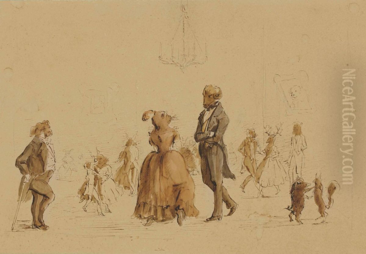 La Polka Des Animaux; Et Caricature De Trois Personnages Oil Painting by Jean-Jacques Grandville
