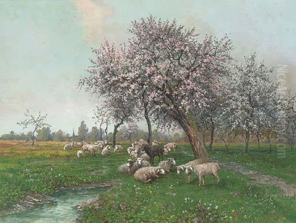 Sheep In An Orchard Oil Painting by Leopold Graninger