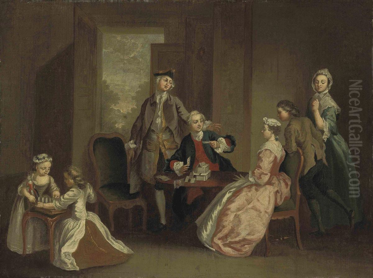 A Conversation Piece With Elegant Figures Playing Cards In AnInterior Oil Painting by Hubert-Francois Gravelot