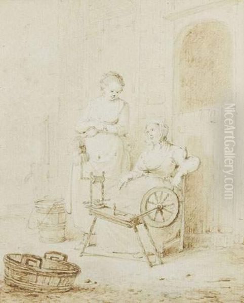 Les Deux Fileuses Oil Painting by Hubert-Francois Gravelot