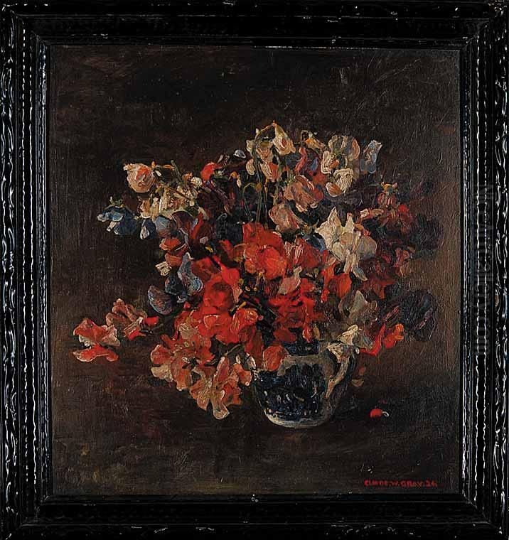 Colourful Flowers In A Blue Vase Oil Painting by Claude W Gray