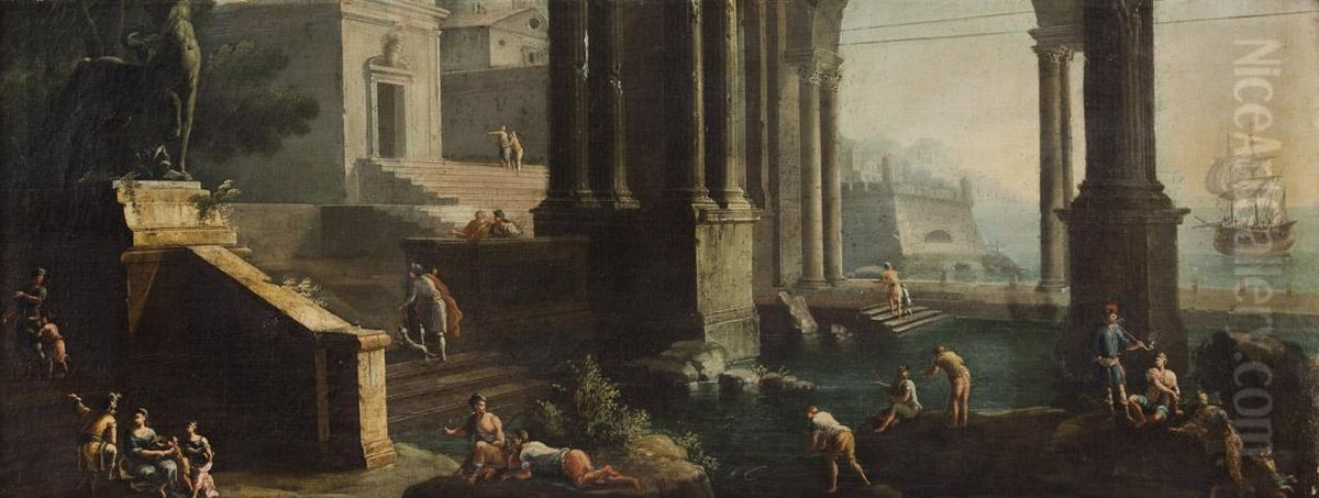 Marina Con Edifici E Sculture Classiche, Un Veliero E Astanti Vari Oil Painting by Gennaro Greco