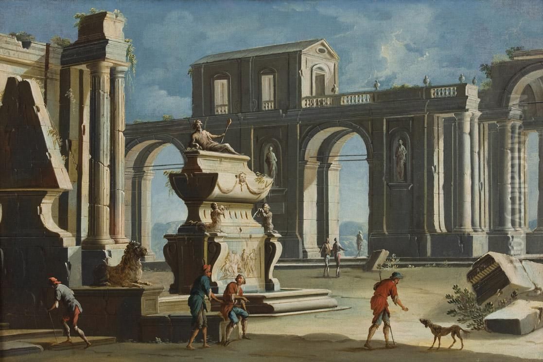 Architettura, Fontana Con Sculture Classiche E Astanti Vari Oil Painting by Gennaro Greco