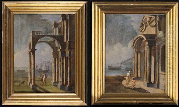 Marina Con Portico E Figure Oil Painting by Gennaro Greco