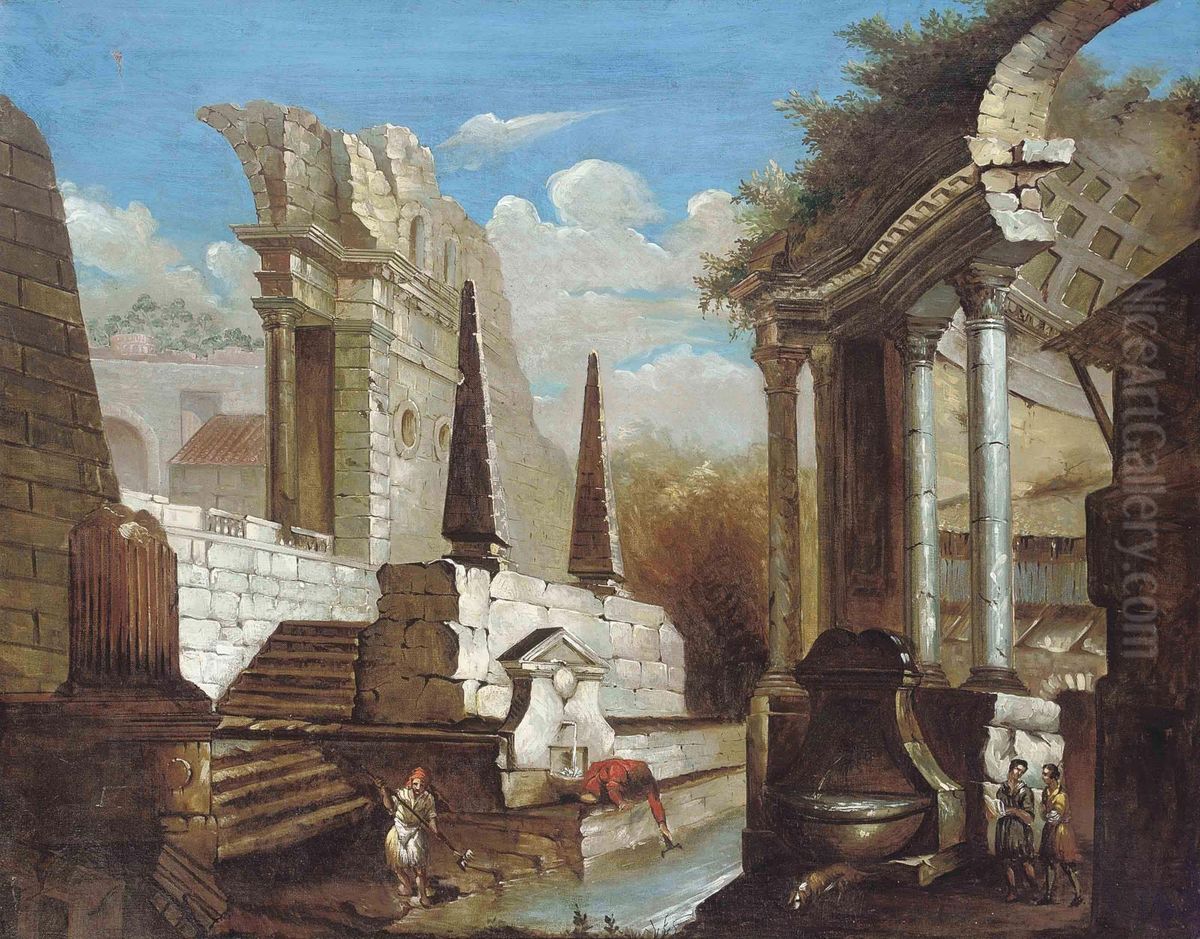 An Architectural Capriccio With A Figures Beside A Fountain Oil Painting by Gennaro Greco