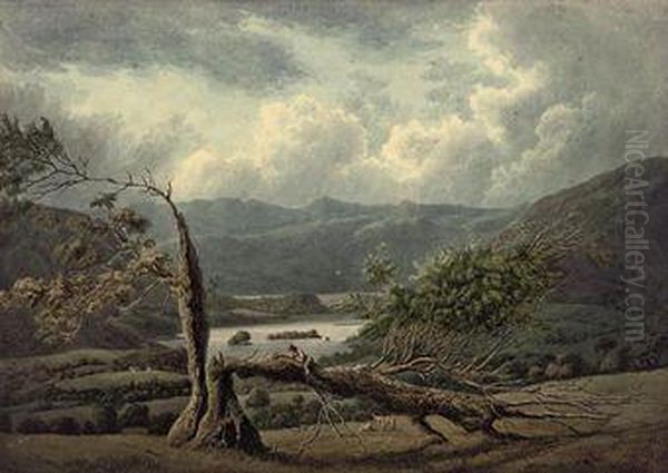An Extensive Landscape In The Lake District With Figures On Afallen Tree In The Foreground Oil Painting by William Green