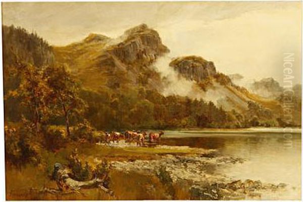 River Landscape With Cattle Watering Oil Painting by Thomas Greenhalgh
