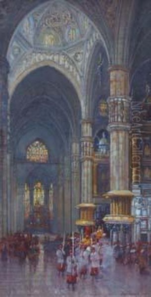 Cathedral Interior With Figures Oil Painting by Thomas Greenhalgh
