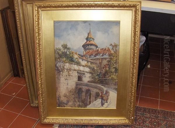 Figures On A Bridge By A Continental Chateau Oil Painting by Thomas Greenhalgh