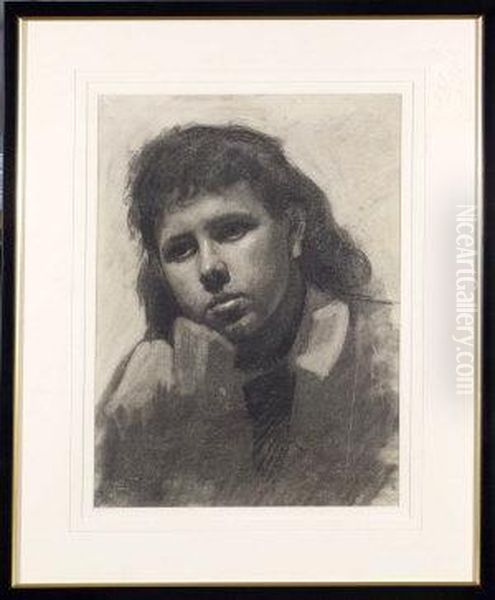 A Bust Portrait Of A Young Woman Resting Her Chin On Her Hand - In Black Chalk Oil Painting by Charles Gregory