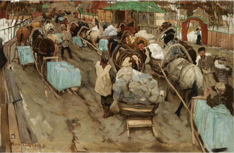 Cotton And Salt Merchants Oil Painting by Mitrofan Borisovic Grekov