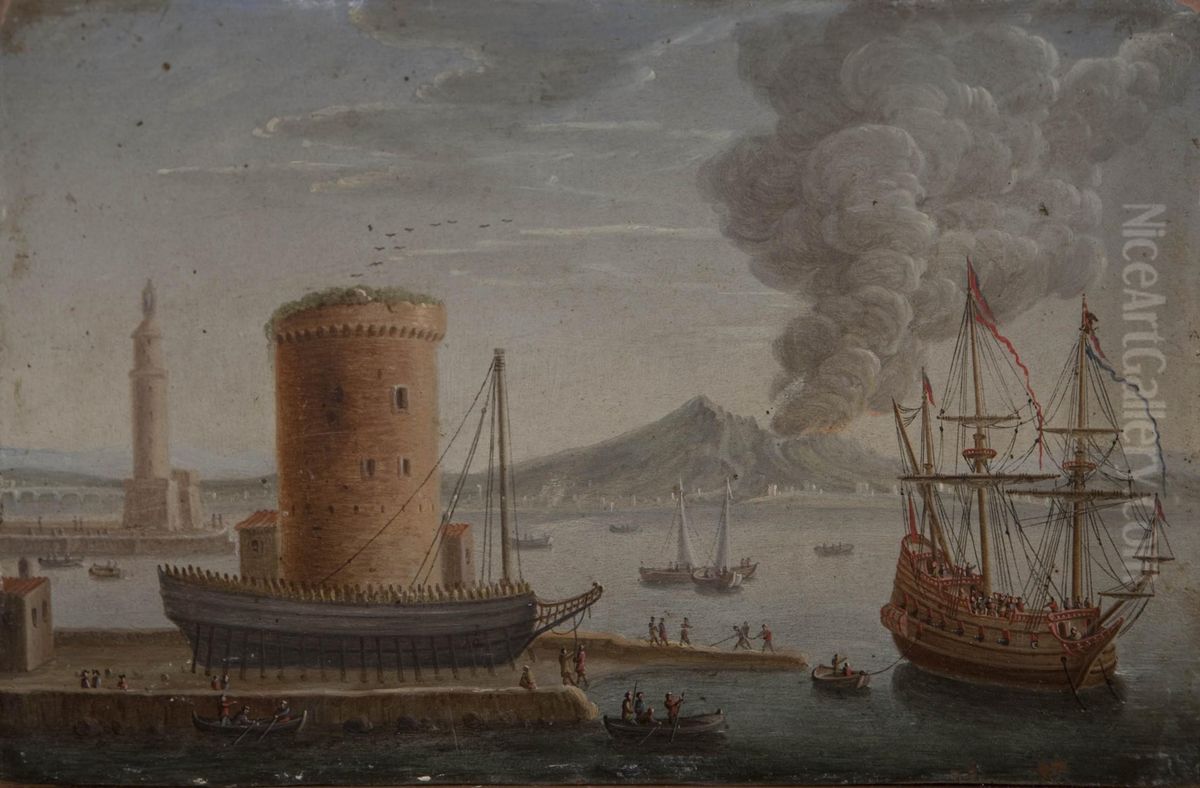 Scorcio Del Porto Di Napoli Con Veliero, Lanterna Del Moro E Vesuvio In Eruzione Oil Painting by Charles Leopold Grevenbroeck