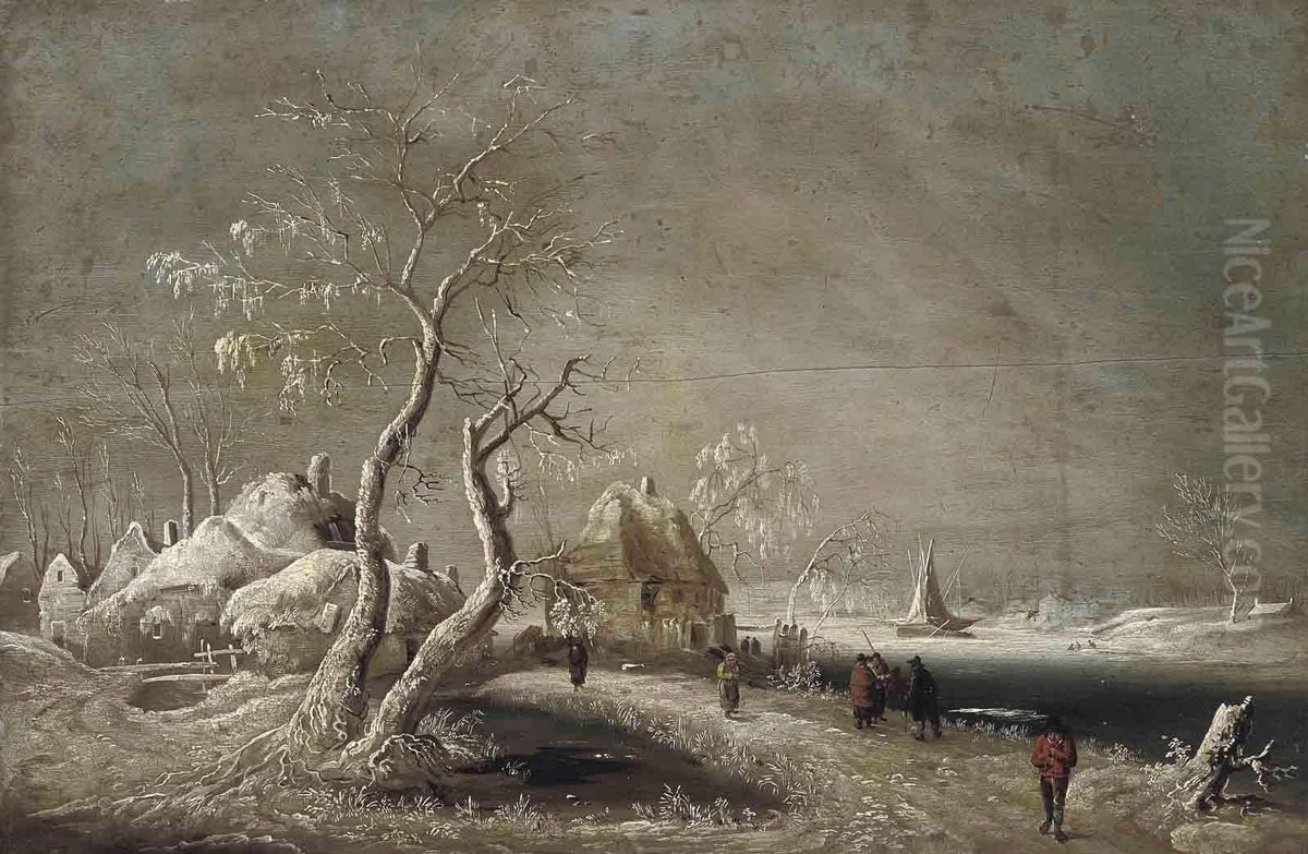 A Winter River Landscape With Figures On A Track Oil Painting by Jan Griffier I