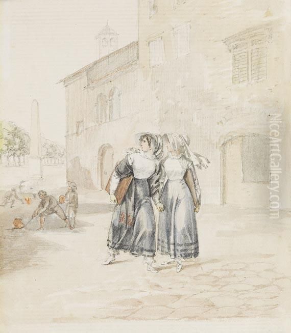 Zwei Damen Mit Zeichenmappen Auf Der Flucht Oil Painting by Ludwig Emil Grimm