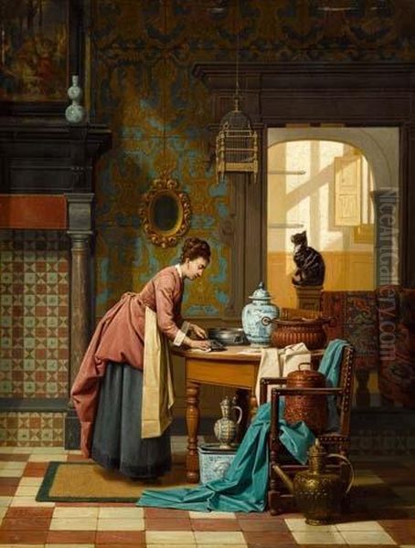Frau Mit Katze. 1873. Oil Painting by Charles Joseph Grips