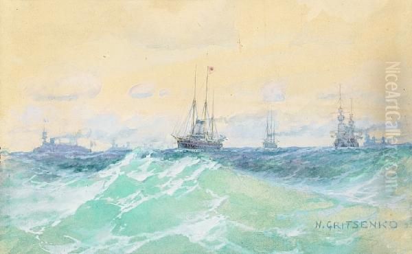 Shipping Through Rough Seas Oil Painting by Nikolai Nikolaevich Gritsenko