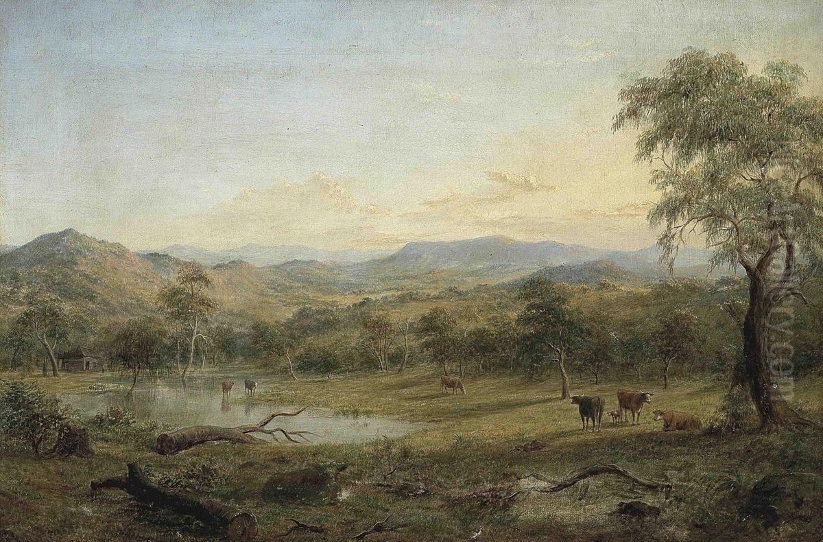 Victorian Landscape With Cattle Watering Oil Painting by Henry C. Gritten