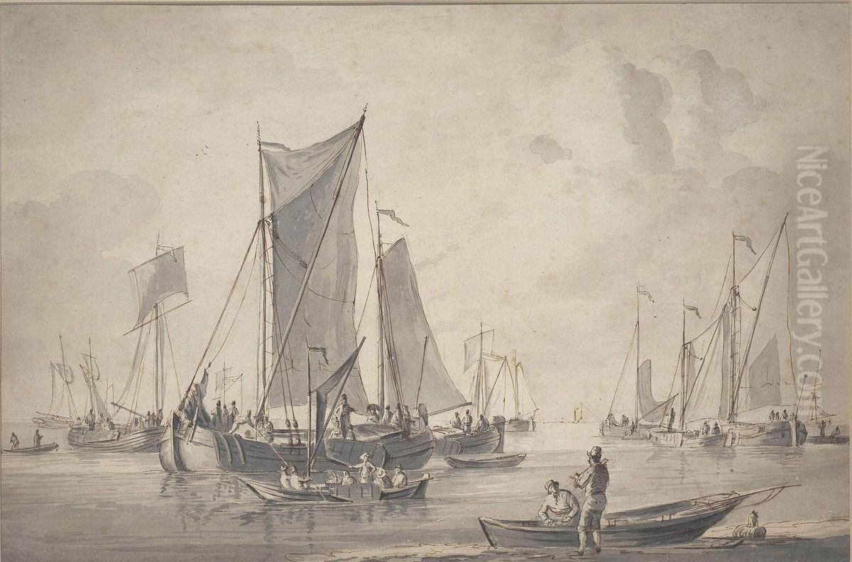 Sailing Vessels At Anchor, Figures In A Skiff In The Foreground Oil Painting by Gerrit Groenewegen