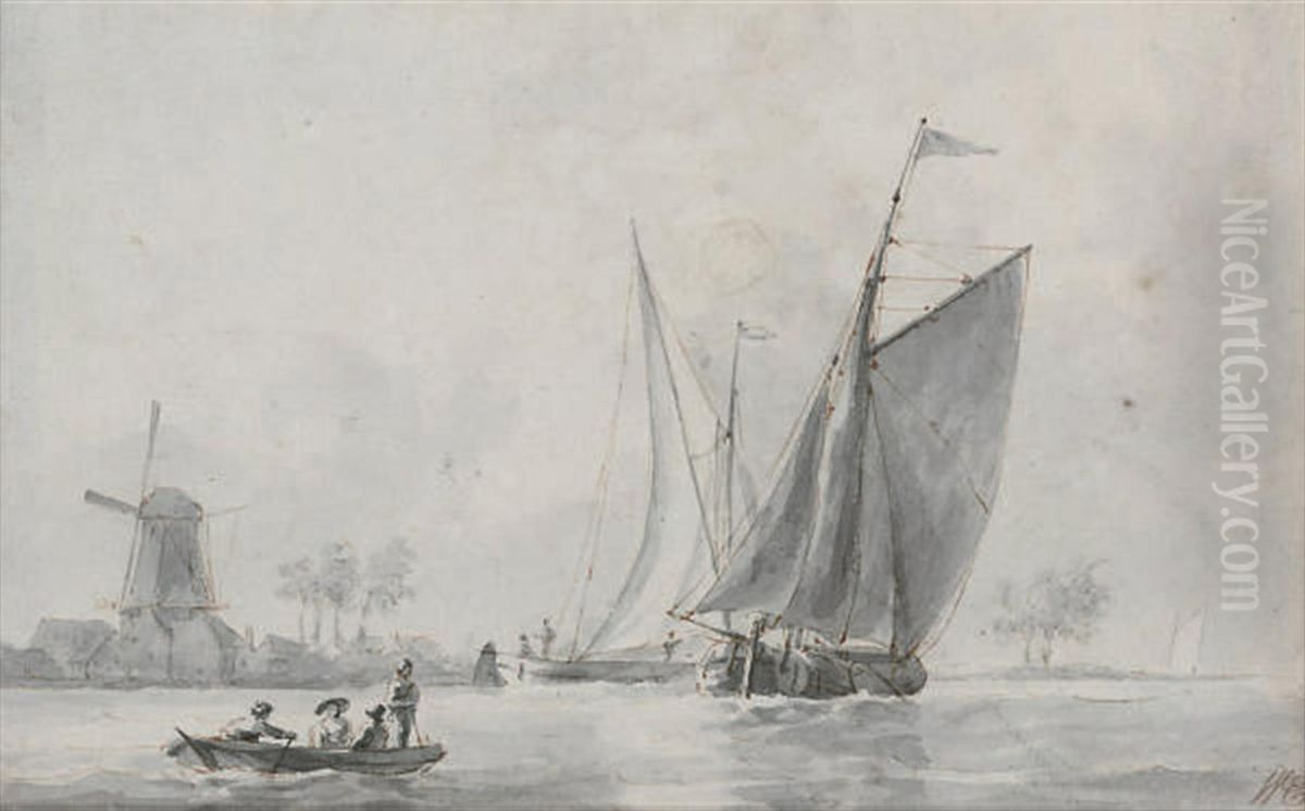 Barges On The Estuary Before A Windmill Oil Painting by Gerrit Groenewegen