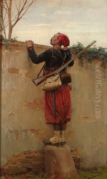 A Zouave Peering Over A Wall Oil Painting by Paul Louis Narcisse Grolleron
