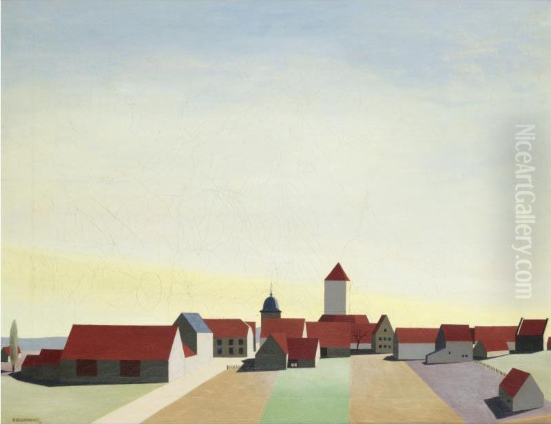 Dorflandschaft, Erlach Bei Wurzburg (village Landscape, Erlach Near Wurzburg) Oil Painting by Carl Grossberg
