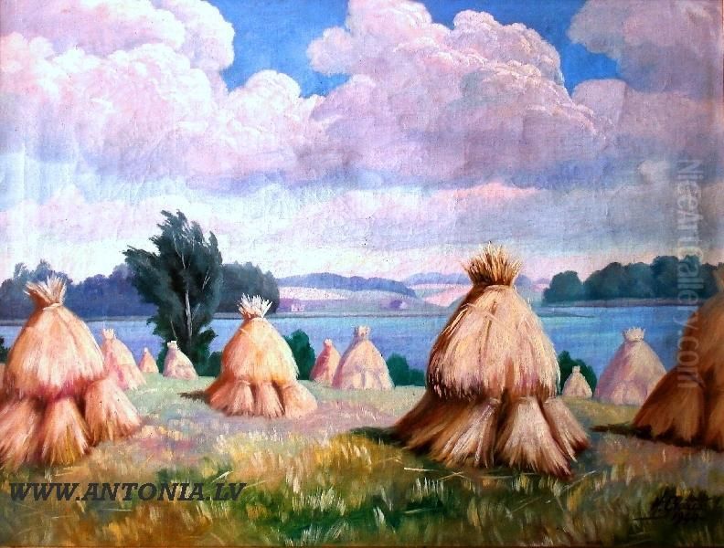 Landscape With Hay Sticks Oil Painting by Hugo Karlis Grotus