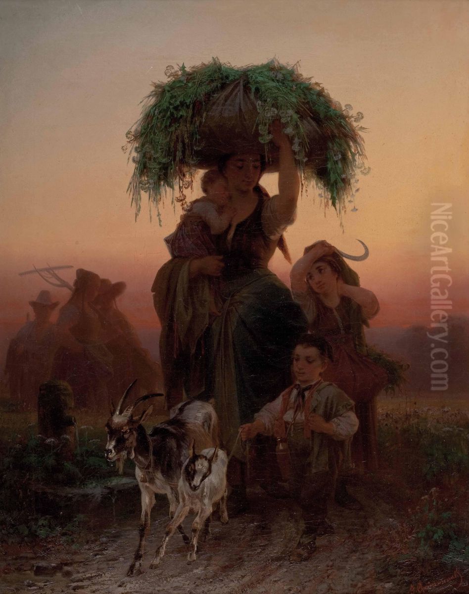 Junge Frau Kehrt Mit Ihren Kindern Von Der Feldarbeit Heim Oil Painting by Jakob Grunenwald