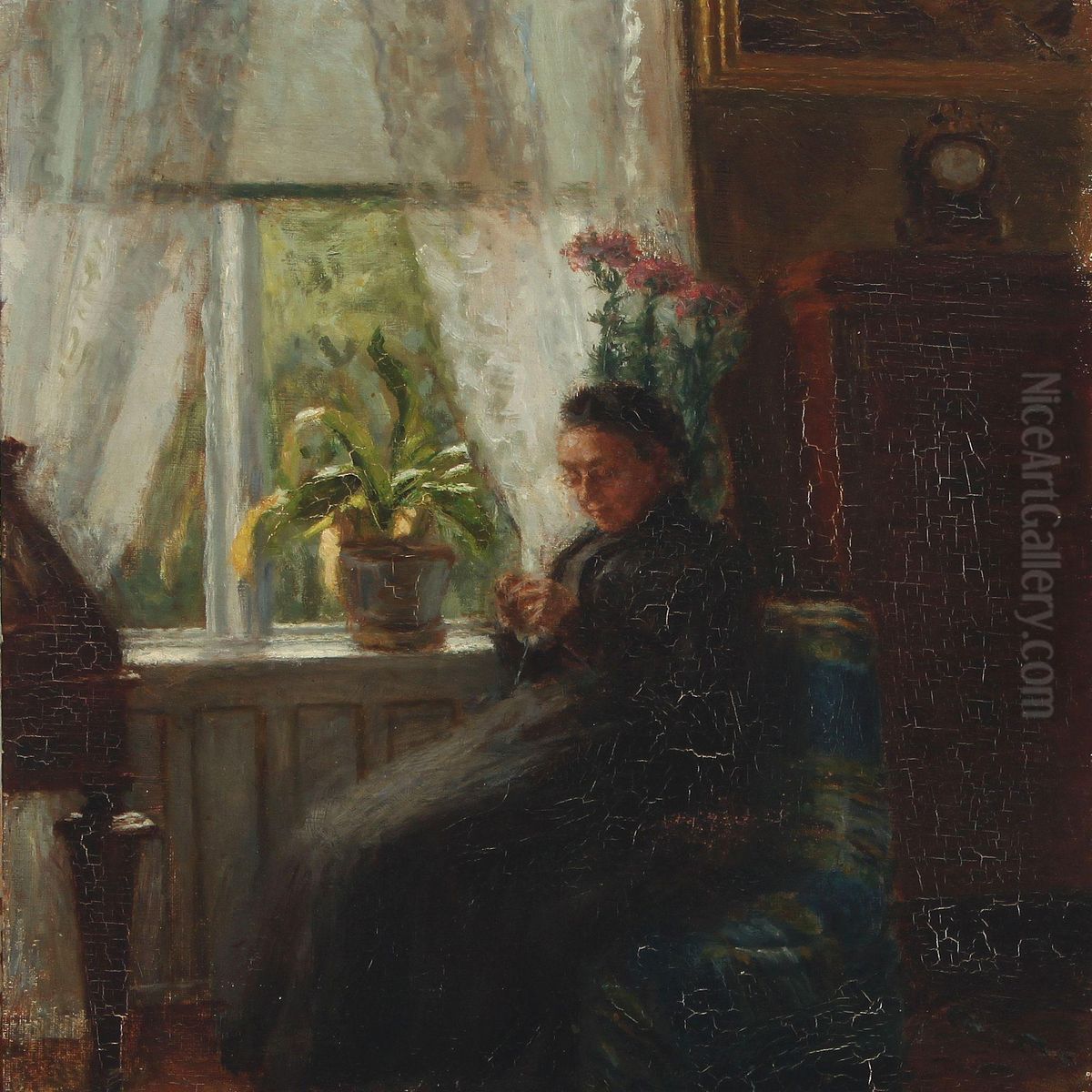 Interior With A Woman By The Window Oil Painting by Gustava Gruner