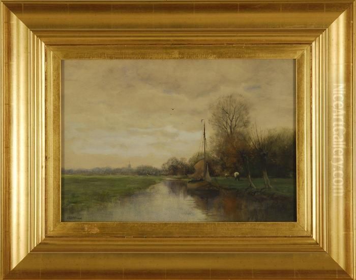 Dutch Canal Scene Oil Painting by Charles Paul Gruppe