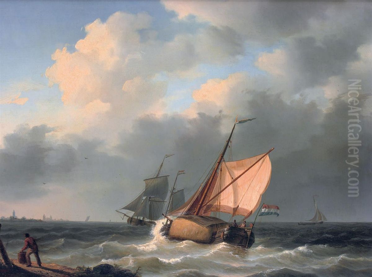 A Hay Barge On Choppy Waters Oil Painting by Willem Jun Gruyter