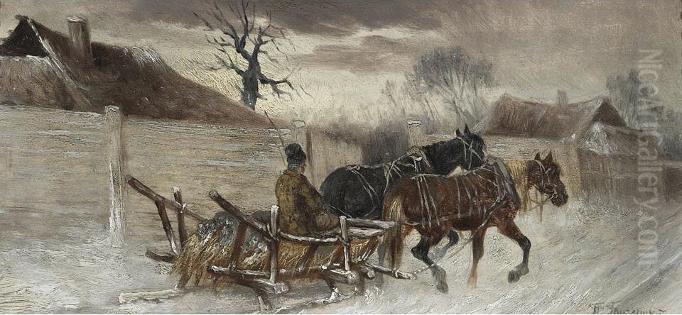 Troika In The Village Oil Painting by Petr Nicolaevich Gruzinsky