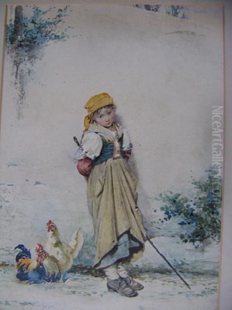 Italian Peasant Girl And Chickens Oil Painting by Guerrino Guardabassi