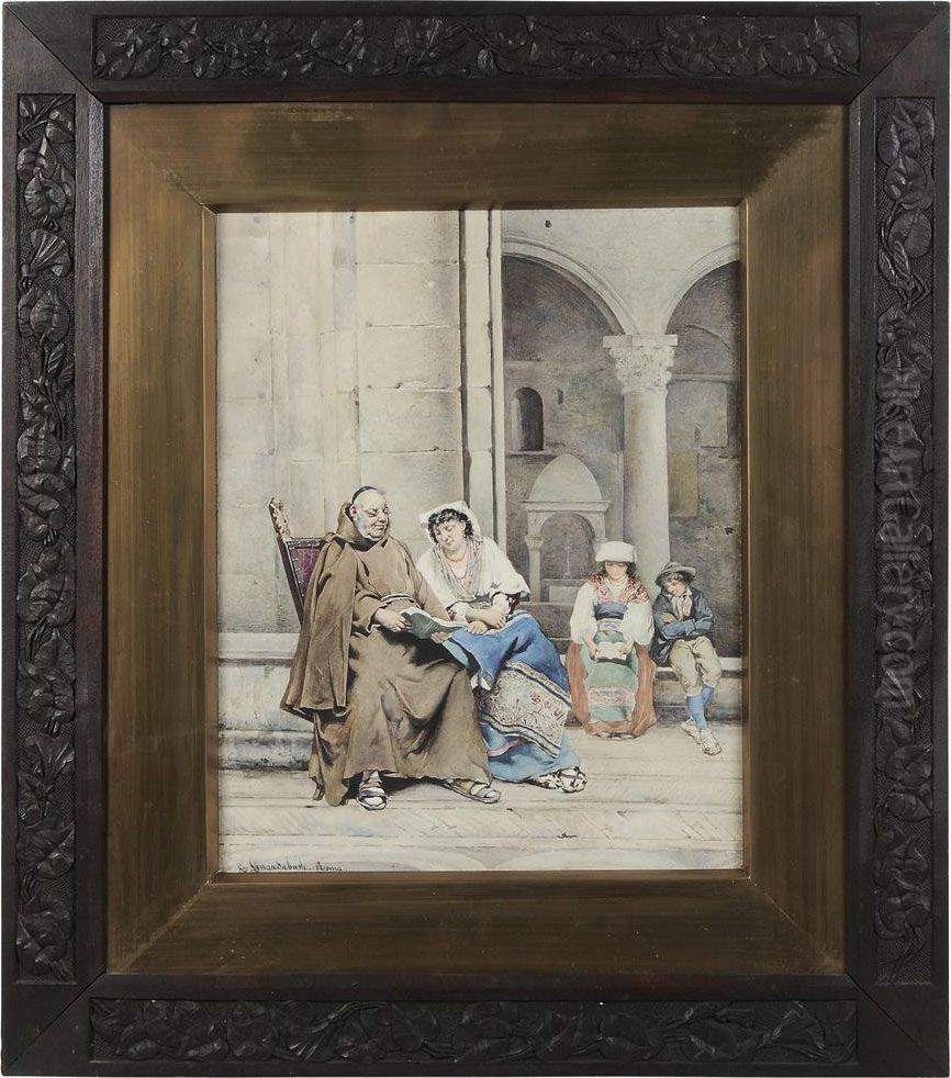 Monk Reading With A Woman And Children Oil Painting by Guerrino Guardabassi
