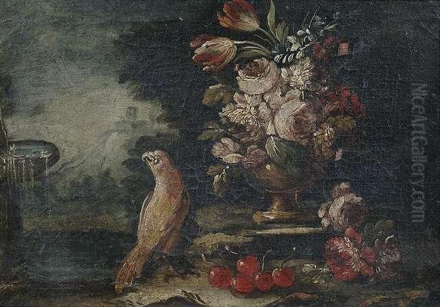 Flowers In A Vase And A Parokeet. Oil Painting by Francesco Guardi