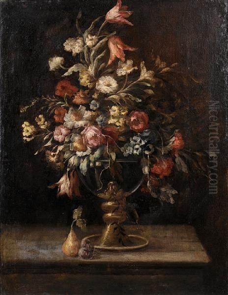 Tulips, Roses, Narcissi And Other Flowers In Abronze Mounted Vase With A Pear And Plums On A Table Top Oil Painting by Francesco Guardi