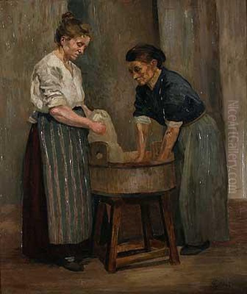 Zwei Wascherinnen Am Zuber Oil Painting by Rudolf Gudden