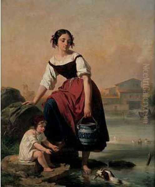 Jeune Femme, Enfant Et Chien, A La Riviere Oil Painting by Julien-Michel Gue