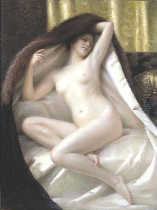 Young Woman Wrapped In A Fur Blanket Oil Painting by Gaston Guedy